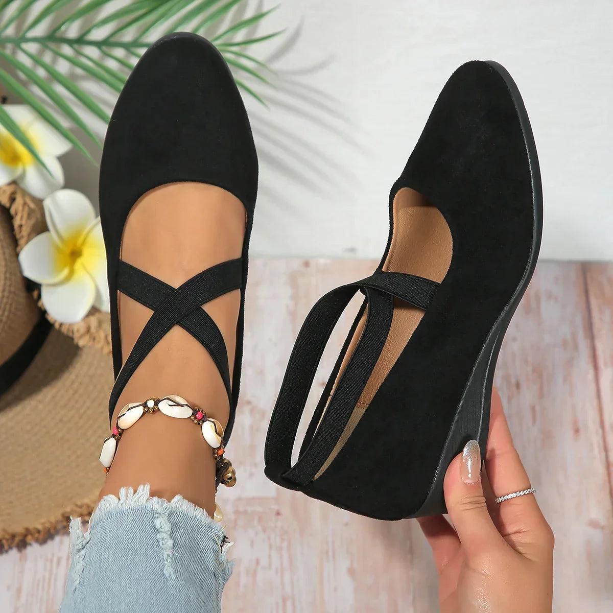 Zapatos de Bailarina Cerrados con Cruzado y Tacón Bajo para Mujer