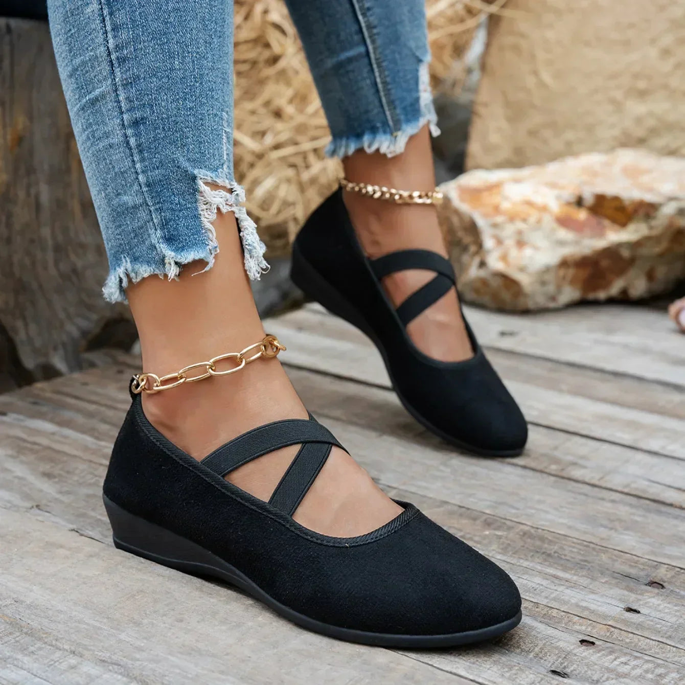 Zapatos de Bailarina Cerrados con Cruzado y Tacón Bajo para Mujer