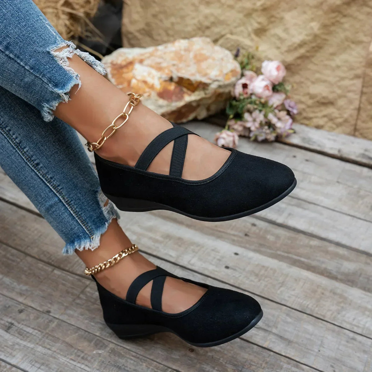 Zapatos de Bailarina Cerrados con Cruzado y Tacón Bajo para Mujer